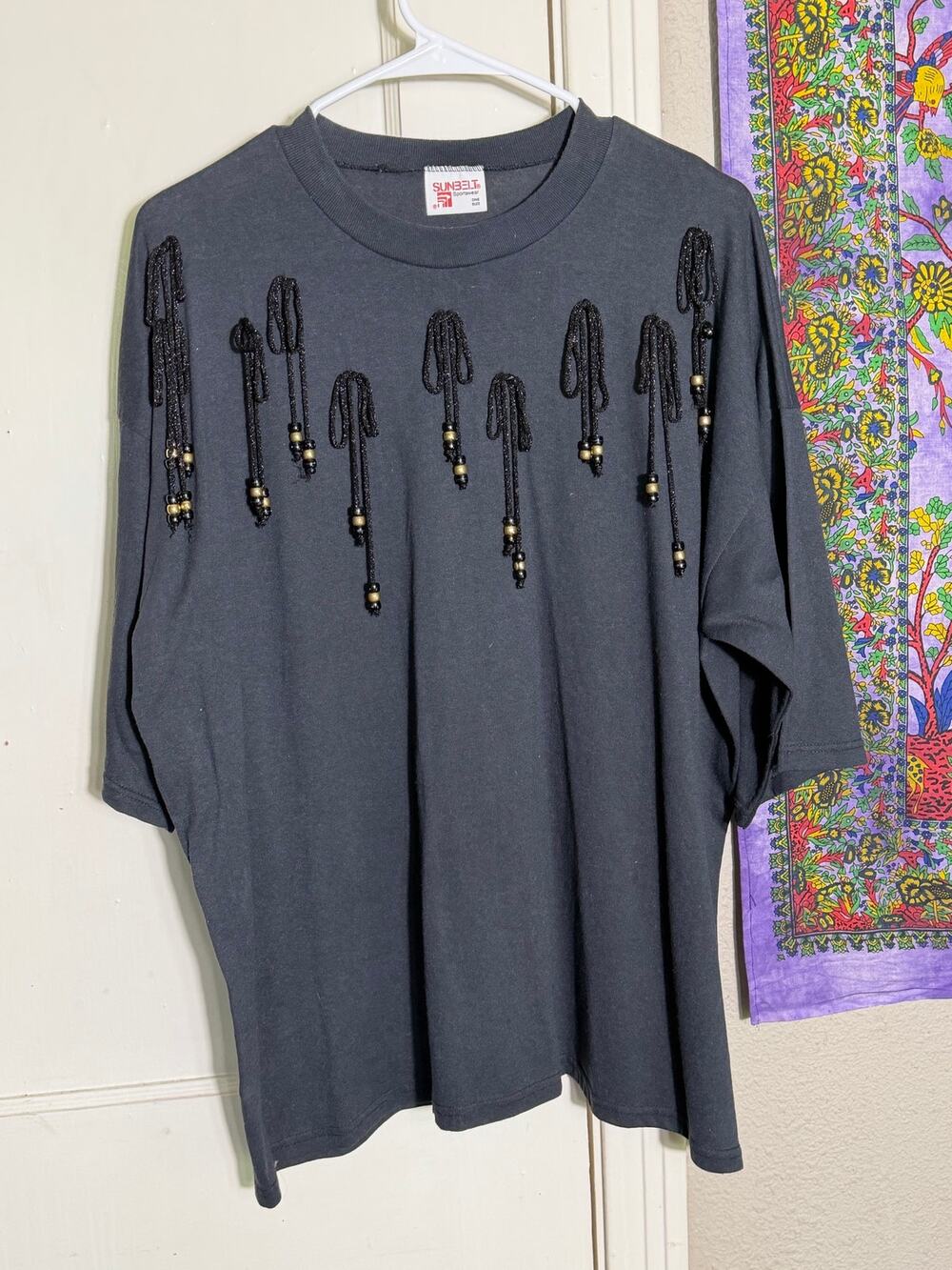 Vintage Sunbelt Sportswear Black Beaded Fringe Oversized Tee One Size USA